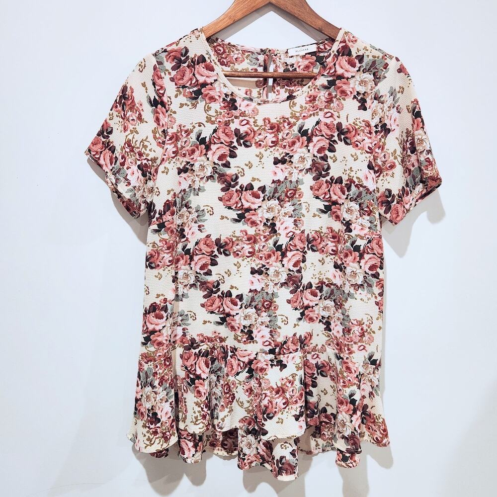 Pleione Pebbled Crepe Ruffle Floral Peplum Blouse Size Medium Bloomcore Cottage